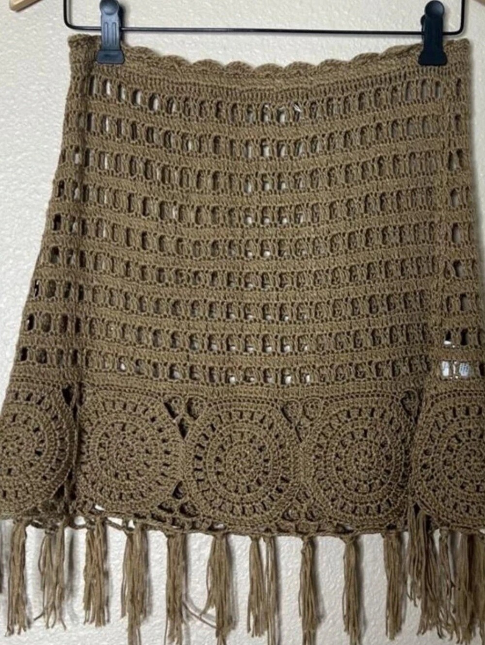 Umgee Brown Crochet Fringe Beach Cover-Up Skirt NWT Medium